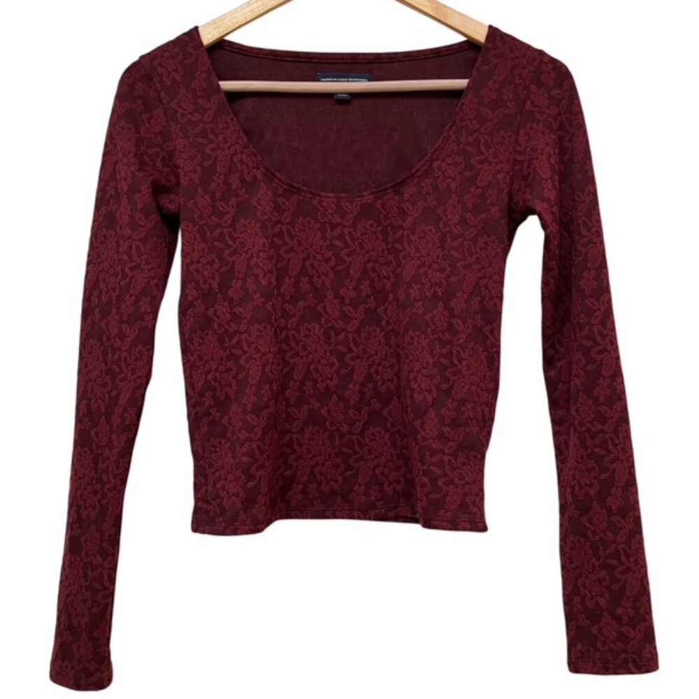 American Eagle Outfitters Burgundy Long Sleeve Lace Crop Top S